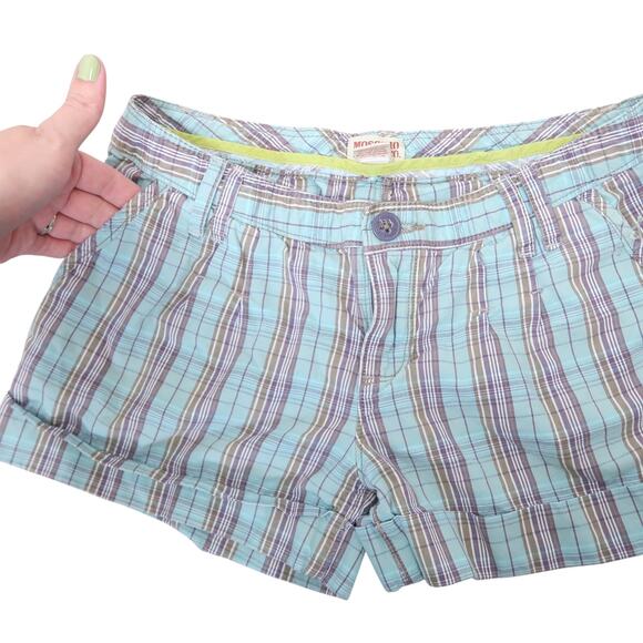 Vintage Y2K Mossimo Light Blue and Brown Plaid Low Rise Shorts 1 - Picture 2 of 4